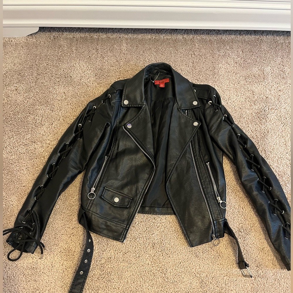 Saks Fifth Avenue Leather motto jacket vintage with laced sleeves small